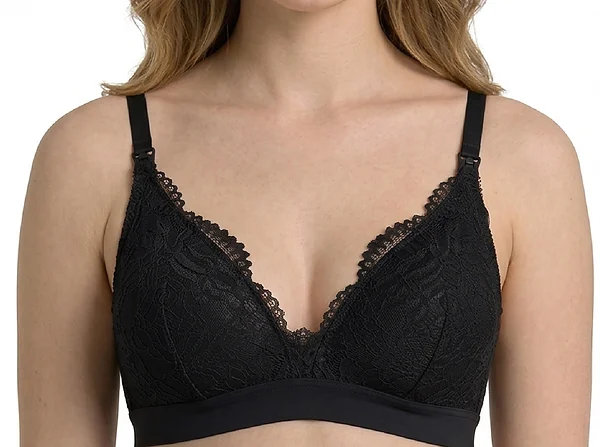 Front view of the black lace V-neck bra on a model